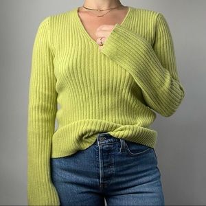 VINTAGE Angora Knit Lime Green V Neck Ribbed Sweater Ann Taylor